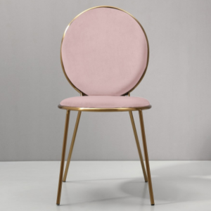 Gold plated metal frame round pink velvet upholstered dining chair