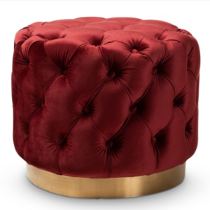 Red Burgundy velvet tufted pouf ottoman upholstered ottoman with gold base