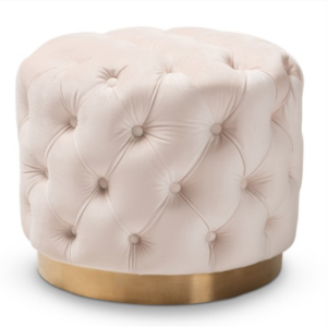 Blush pink velvet tufted Pouf Upholstered Ottoman with gold base