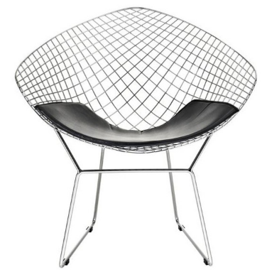 Silver wire mesh diamond chair with black leather seat