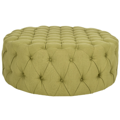 Tufted button design round green linen fabric ottoman