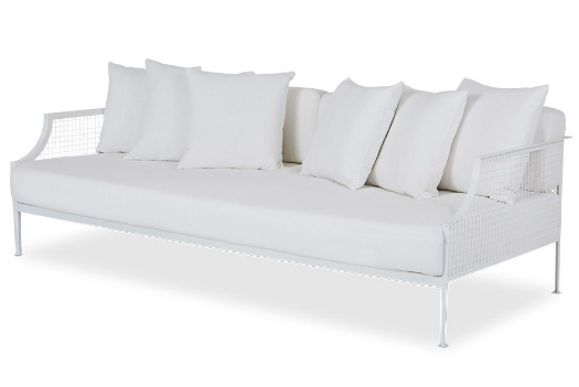 White metal mesh 3 seater sofa with white fabric cushion and pillows