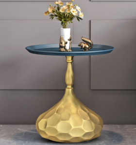 Blue top gold base metal round side table