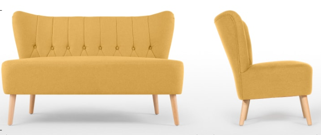 Tufted button Yellow linen wooden legs sofa