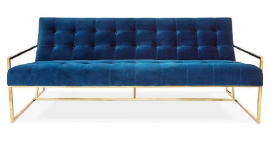 Gold plated navy blue velvet upholstered 2 seater sofa