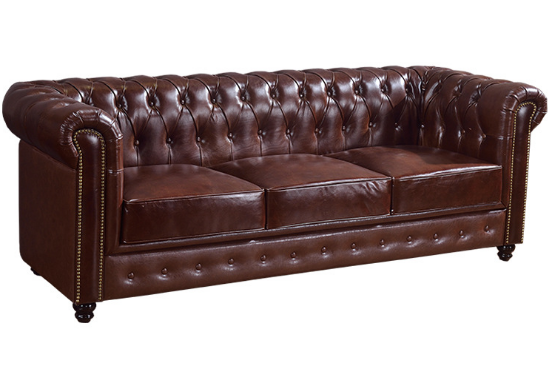 Vintage design tufted Brown leather wooden legs retro 3 seater sofa