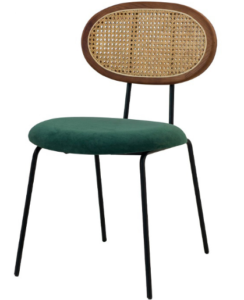 Metal legs green velvet upholstered seat cane back chair