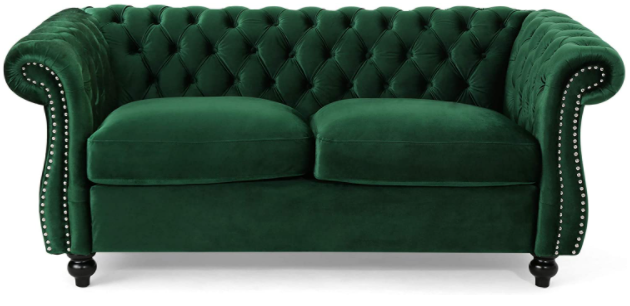 Chesterfield Loveseat Sofa Emerald Green velvet wooden legs