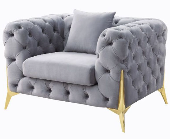 Grey Tufted Velvet Gold Legs Sofa Chair