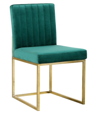 Modern gold base channel tufed green velvet dining chair
