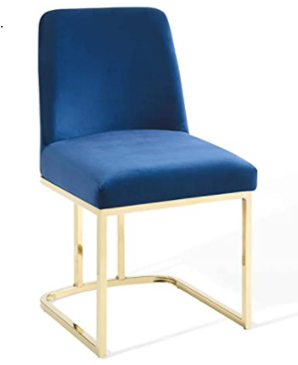 Brass gold base navy blue velvet upholstered dining chair