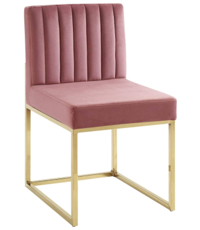 Gold base channel tufted dusty rose velvet dining chair