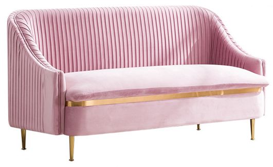 Gold legs blush pink velvet upholstered loveseat sofa