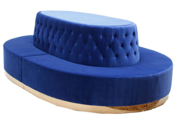 Gold base navy blue velvet upholstered booth seating