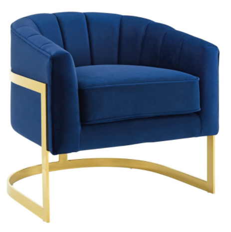 Gold plated stainless steel frame navy blue velvet accent chair