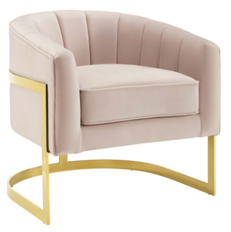 Gold plated stainless steel base beige velvet accent chair