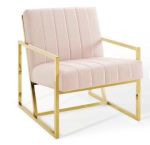 Modern design brass gold stainless steel frame blush pink velvet upholstered armchair