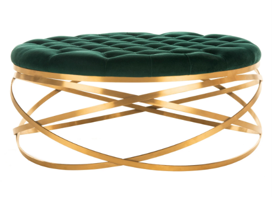 Brass gold stainless steel  frame green velvet tufted upholstered round ottoman stool