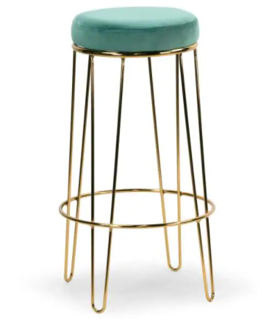 Golden metal frame green velvet seat pad bar stool