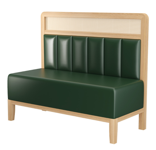 Wooden frame cane back green PU upholstered restaurant booth seating