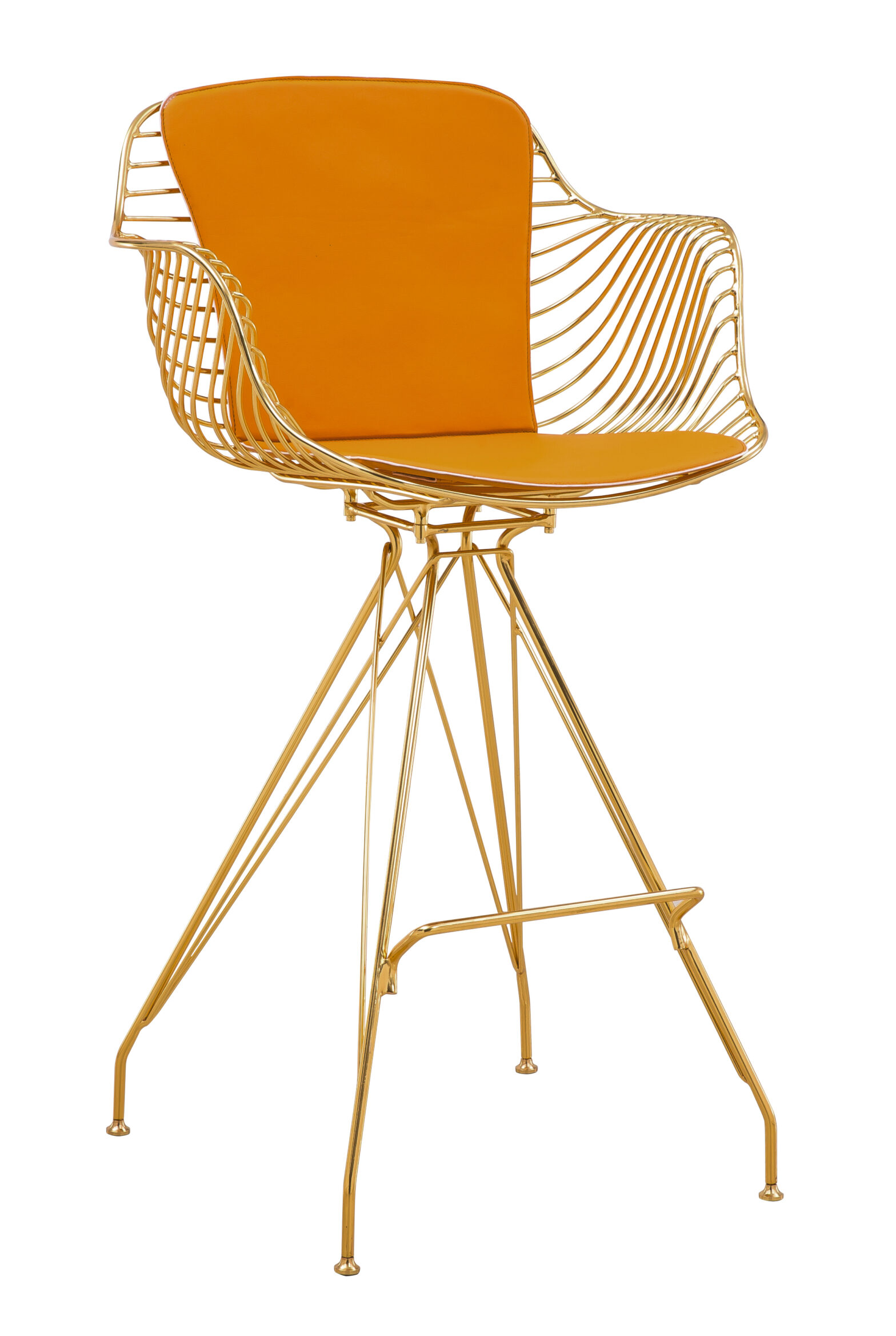 Gold electroplated metal wire barstool chair with armrest