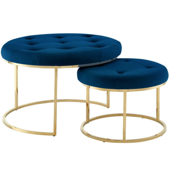 Modern contemporary style gold stainless steel base navy blue velvet tufted upholstered nesting coffee table