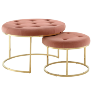 Contemporary style gold stainless steel base blush pink velvet tufted upholstered nesting coffee table