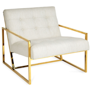 Gold plated stainless steel frame beige linen fabric upholstered tufted sofa chair