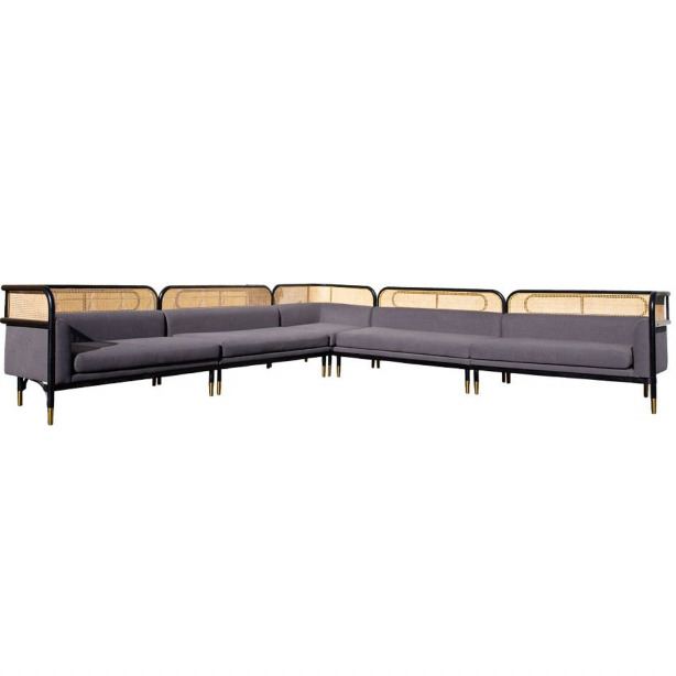 Event rental furniture black wooden frame cane rattan back curved banquette sofa wooden wedding lounge sofa
