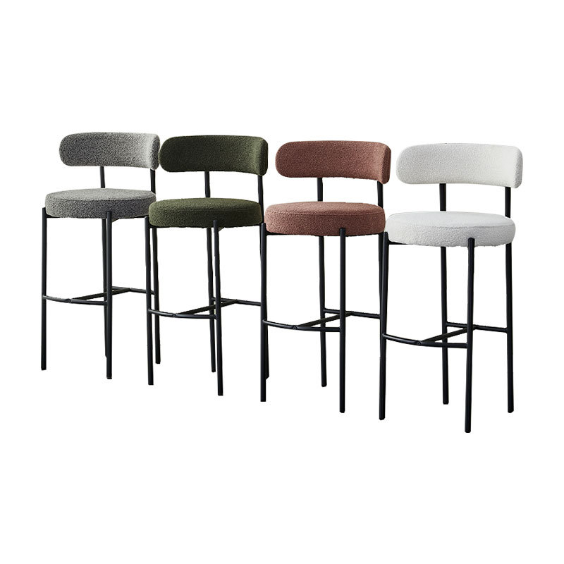Event furniture black metal frame boucle fabric upholstered bar chair party rental high bar stool