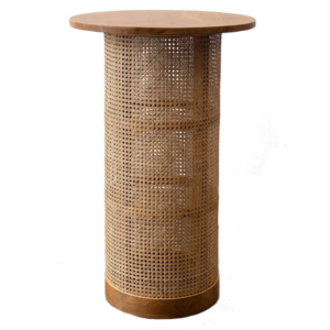 Timber bar leaner furniture timber top natural rattan wrap base round bar table wooden bar table