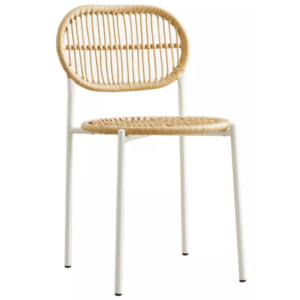 Factory price restaurant furniture white metal legs rattan weaving cafe chair rattan bistro dining chair