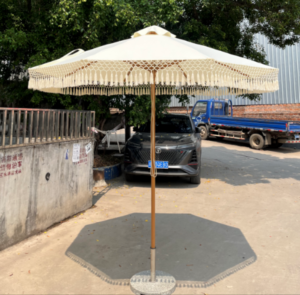 Outdoor wedding fringe Umbrellas aluminum frame beige fabric central column circular Sun Umbrella with fringe for outdoor events