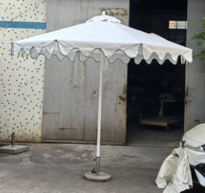 Outdoor Patio Umbrellas aluminum frame white fabric black trim circular scalloped Umbrella for outdoor events