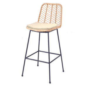Outdoor hospitality furniture bistro rattan stool black metal frame rattan woven high bar chair with seat cushion