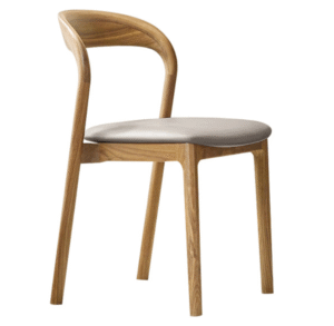 Cafe furniture supplier natural wooden frame light grey leather upholstered seat dining chair timber solid wood cafe chair
