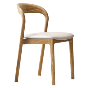 Restaurant furniture supplier natural wooden frame beige leather upholstered seat dining chair timber solid wood cafe chair
