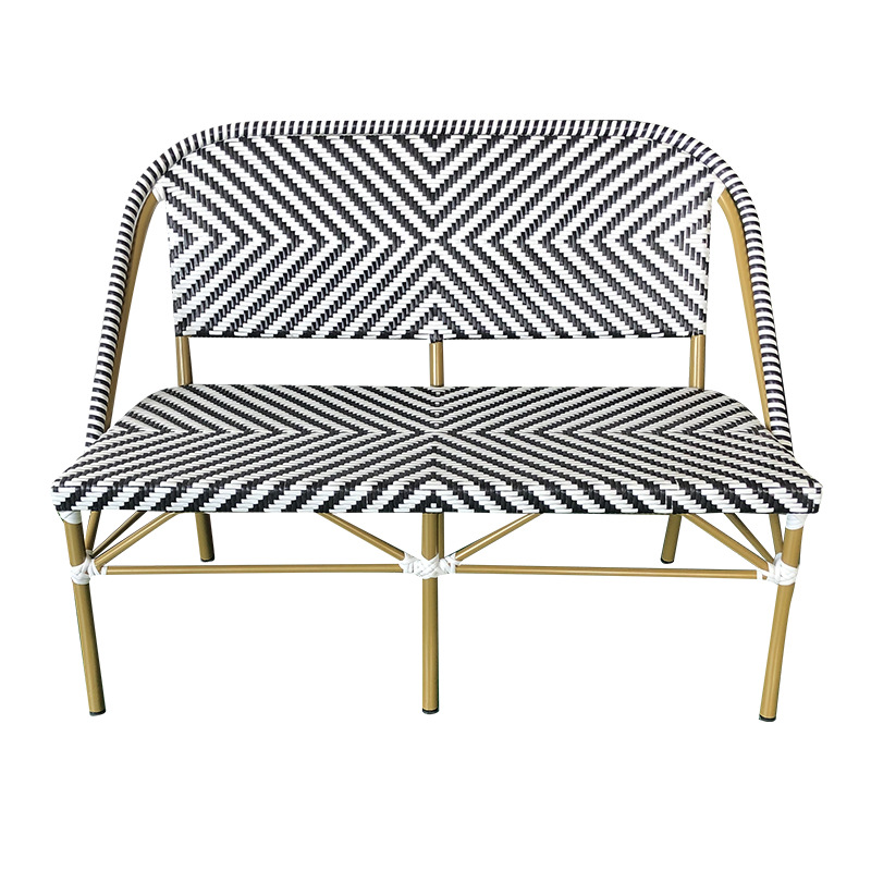 Direct factory hospitality  furniture french style bistro aluminum frame white/black rattan woven 2 seater sofa bistro bench stool for outdoor