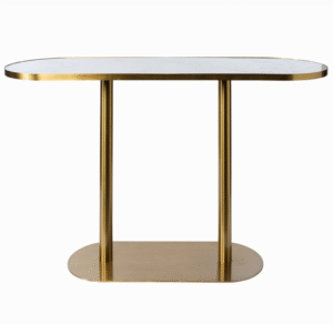 Wedding furniture   white marble look top gold brushed stainless steel base oval bar table high cocktail table