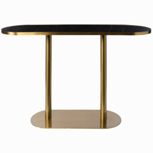 Event rental furniture black marble look top gold brushed stainless steel base oval bar table high cocktail table