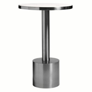 Event furniture brushed chrome stainless steel round base white marble look top bar table high cocktail table