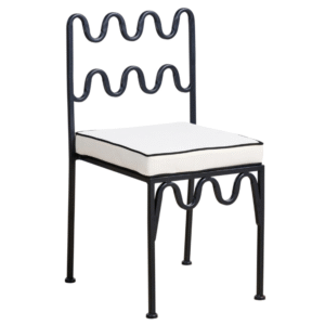 Event rental furniture  stackable wavy black iron chair black metal frame white upholstered with piping wedding chair
