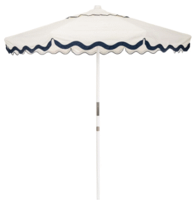 Outdoor patio Scalloped umbrella white aluminum frame market patio umbrella in white with navy blue trim outdoor patio sunbrella