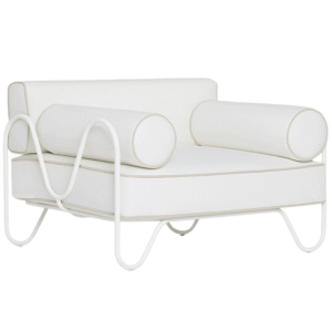 Event rental lounge furniture white metal frame white cushion upholstered outdoor single sofa for party