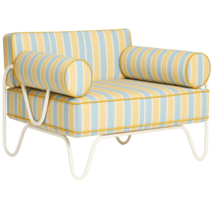 Event rental lounge furniture white metal frame striped fabric cushion upholstered outdoor armchair sofa for party