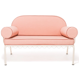 Event rental lounge furniture white metal frame pink fabric cushion upholstered outdoor loveseat sofa for party