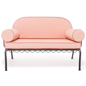Event rental lounge furniture black metal frame pink fabric cushion upholstered outdoor loveseat sofa for wedding