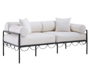 Outdoor patio lounge furniture black metal frame cream fabric cushion upholstered outdoor loveseat sofa