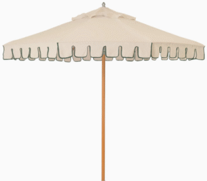Beach patio market umbrella aluminum frame in wood grain finish beige fabric with piping scalloped umbrella for outdoor