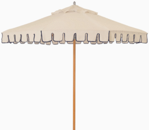 Beach patio market umbrella aluminum frame in wood grain finish beige fabric with navy piping scalloped umbrella for outdoor